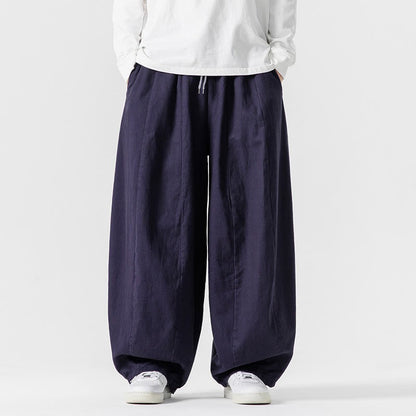 Buddha Stones Winter Commute Plain Drawstring Design Men's Wide Leg Cotton Pants With Pockets