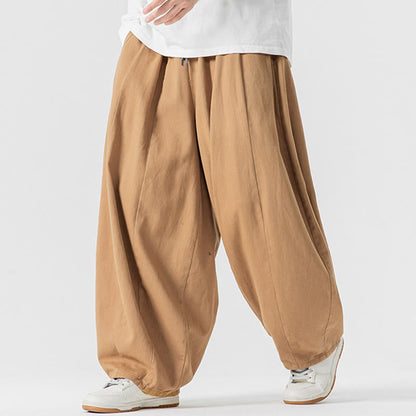Buddha Stones Winter Commute Plain Drawstring Design Men's Wide Leg Cotton Pants With Pockets
