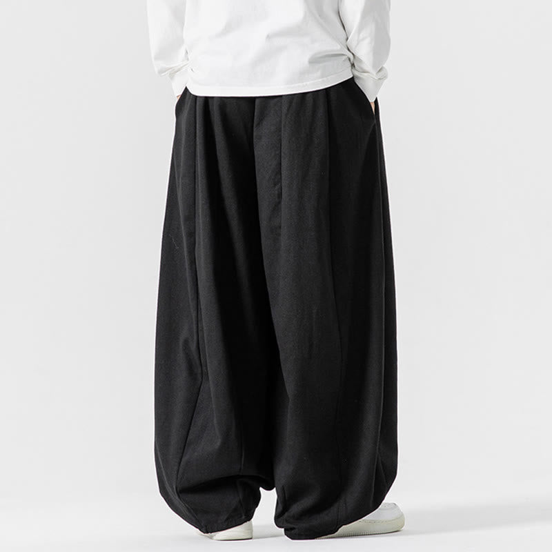 Buddha Stones Winter Commute Plain Drawstring Design Men's Wide Leg Cotton Pants With Pockets