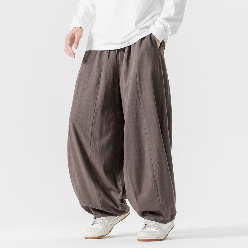 Buddha Stones Winter Commute Plain Drawstring Design Men's Wide Leg Cotton Pants With Pockets