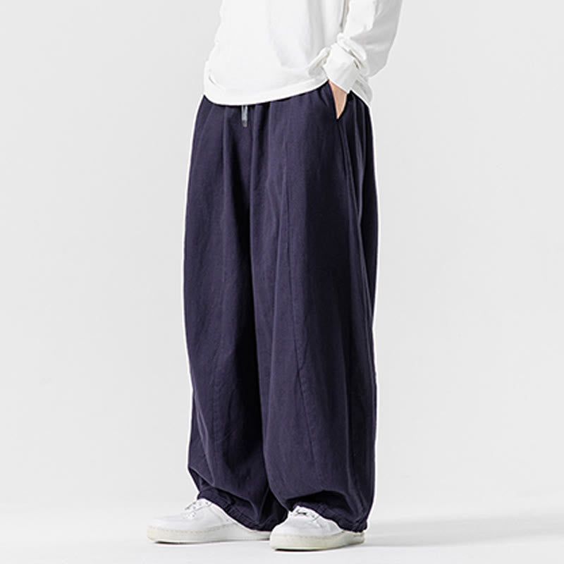 Buddha Stones Winter Commute Plain Drawstring Design Men's Wide Leg Cotton Pants With Pockets