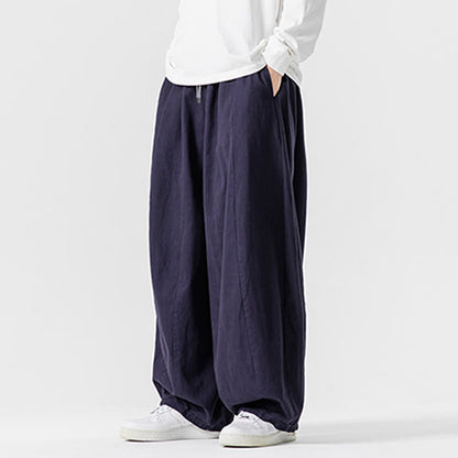 Buddha Stones Winter Commute Plain Drawstring Design Men's Wide Leg Cotton Pants With Pockets