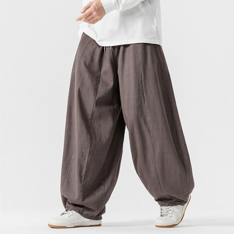 Buddha Stones Winter Commute Plain Drawstring Design Men's Wide Leg Cotton Pants With Pockets
