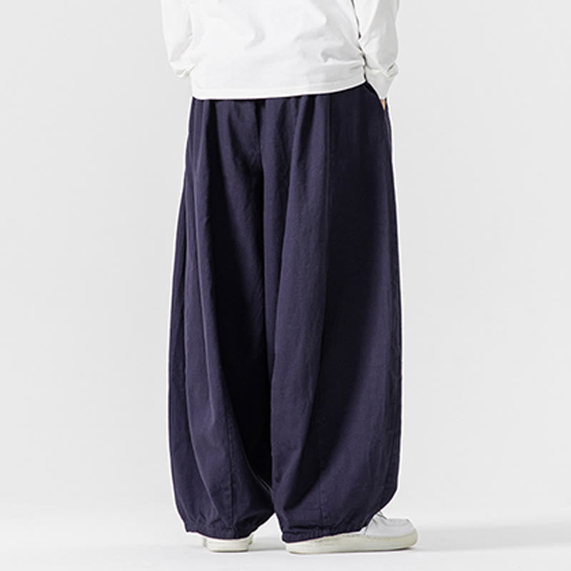 Buddha Stones Winter Commute Plain Drawstring Design Men's Wide Leg Cotton Pants With Pockets