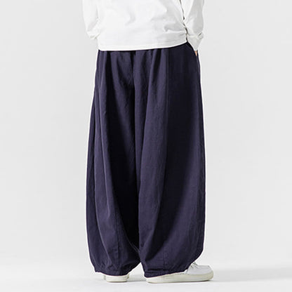 Buddha Stones Winter Commute Plain Drawstring Design Men's Wide Leg Cotton Pants With Pockets