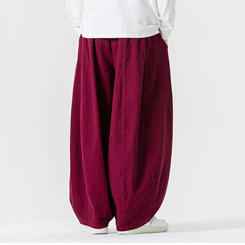 Buddha Stones Winter Commute Plain Drawstring Design Men's Wide Leg Cotton Pants With Pockets