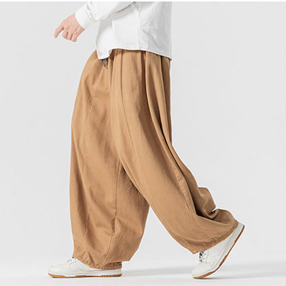 Buddha Stones Winter Commute Plain Drawstring Design Men's Wide Leg Cotton Pants With Pockets