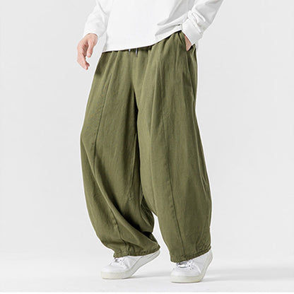 Buddha Stones Winter Commute Plain Drawstring Design Men's Wide Leg Cotton Pants With Pockets