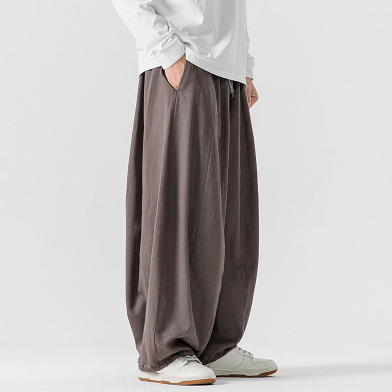 Buddha Stones Winter Commute Plain Drawstring Design Men's Wide Leg Cotton Pants With Pockets