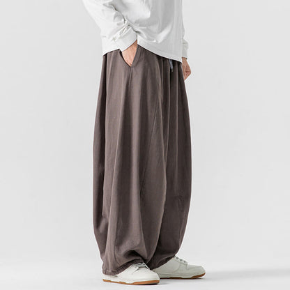 Buddha Stones Winter Commute Plain Drawstring Design Men's Wide Leg Cotton Pants With Pockets