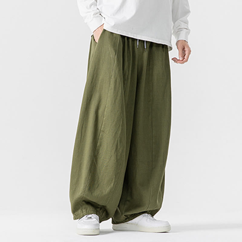 Buddha Stones Winter Commute Plain Drawstring Design Men's Wide Leg Cotton Pants With Pockets
