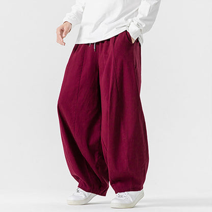 Buddha Stones Winter Commute Plain Drawstring Design Men's Wide Leg Cotton Pants With Pockets