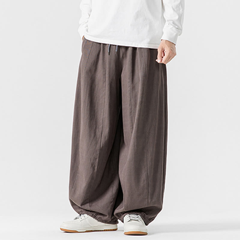 Buddha Stones Winter Commute Plain Drawstring Design Men's Wide Leg Cotton Pants With Pockets