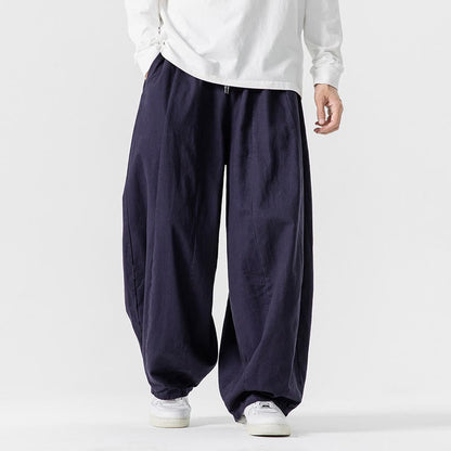 Buddha Stones Fall Solid Color Cotton Elastic Waist Men's Harem Pants With Pockets