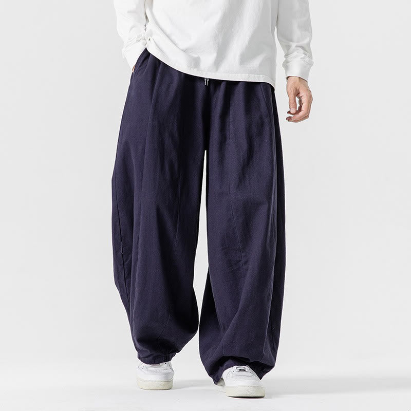 Buddha Stones Winter Commute Plain Drawstring Design Men's Wide Leg Cotton Pants With Pockets
