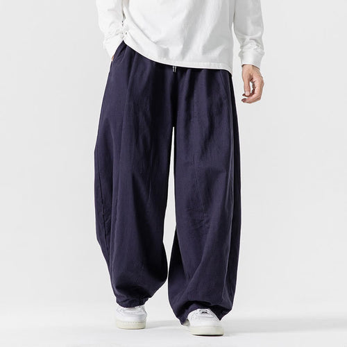 Buddha Stones Winter Commute Plain Drawstring Design Men's Wide Leg Cotton Pants With Pockets