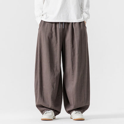 Buddha Stones Winter Commute Plain Drawstring Design Men's Wide Leg Cotton Pants With Pockets