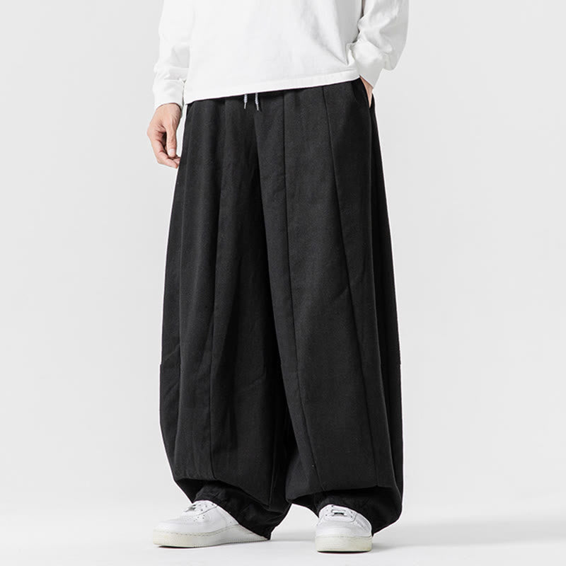 Buddha Stones Winter Commute Plain Drawstring Design Men's Wide Leg Cotton Pants With Pockets