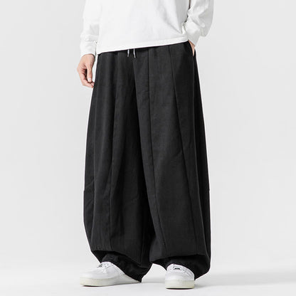 Buddha Stones Winter Commute Plain Drawstring Design Men's Wide Leg Cotton Pants With Pockets