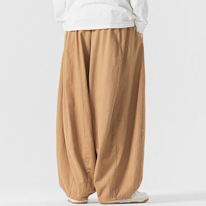 Buddha Stones Winter Commute Plain Drawstring Design Men's Wide Leg Cotton Pants With Pockets