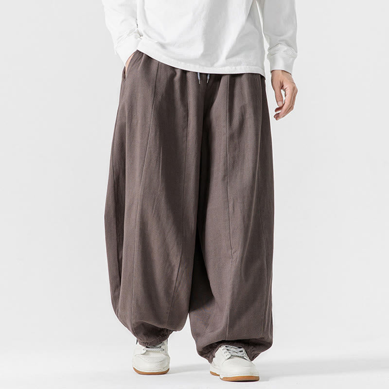 Buddha Stones Winter Commute Plain Drawstring Design Men's Wide Leg Cotton Pants With Pockets