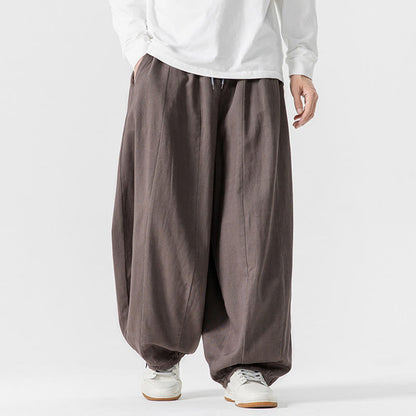 Buddha Stones Winter Commute Plain Drawstring Design Men's Wide Leg Cotton Pants With Pockets