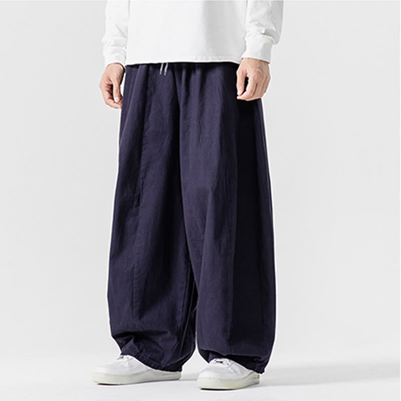 Buddha Stones Winter Commute Plain Drawstring Design Men's Wide Leg Cotton Pants With Pockets