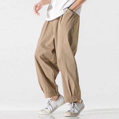 Buddha Stones Summer Solid Drawstring Ankle-Length Men's Cargo Harem Pants With Pockets