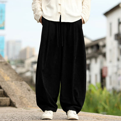 Buddha Stones Fall Solid Elastic Waist Drawstring Men's Harem Pants With Pockets