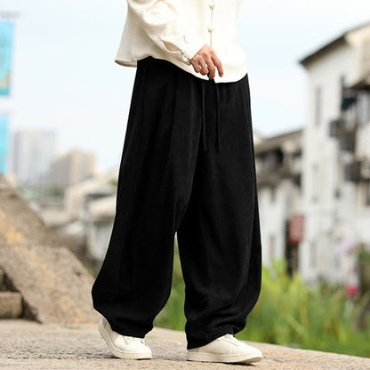 Buddha Stones Fall Solid Elastic Waist Drawstring Men's Harem Pants With Pockets