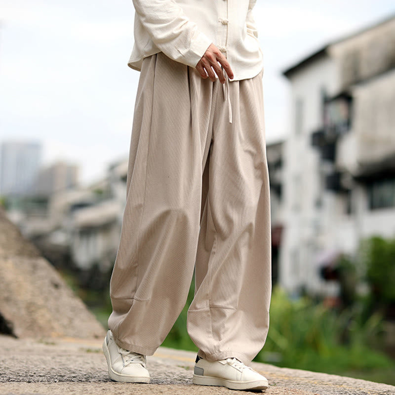 Buddha Stones Fall Solid Elastic Waist Drawstring Men's Harem Pants With Pockets