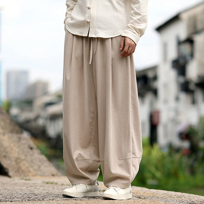 Buddha Stones Fall Solid Elastic Waist Drawstring Men's Harem Pants With Pockets