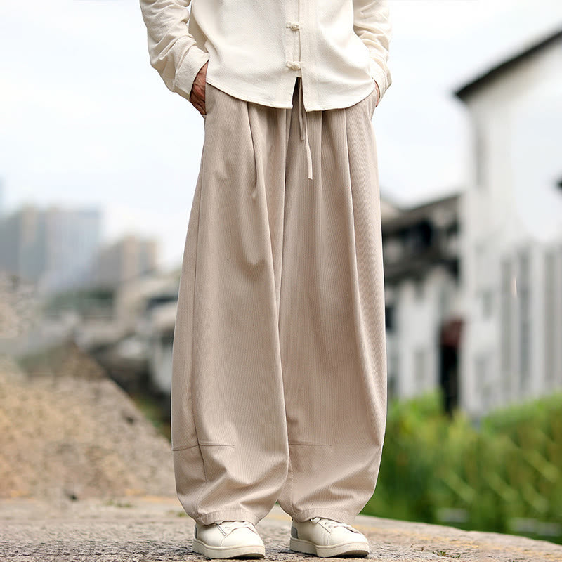 Buddha Stones Fall Solid Elastic Waist Drawstring Men's Harem Pants With Pockets
