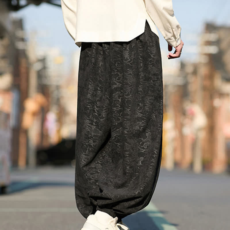 Buddha Stones Black Jacquard Drawstring Elastic Cuff Men's Harem Pants With Pockets