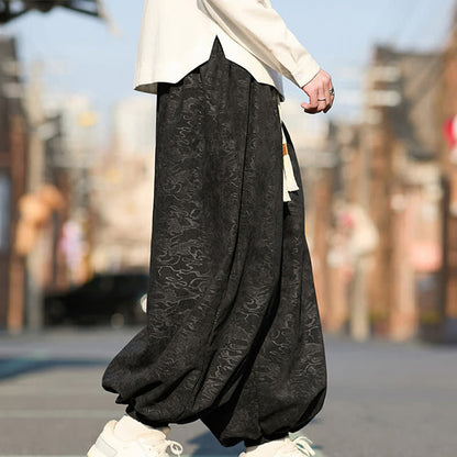 Buddha Stones Black Jacquard Drawstring Elastic Cuff Men's Harem Pants With Pockets