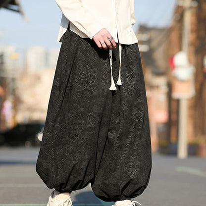 Buddha Stones Black Jacquard Drawstring Elastic Cuff Men's Harem Pants With Pockets