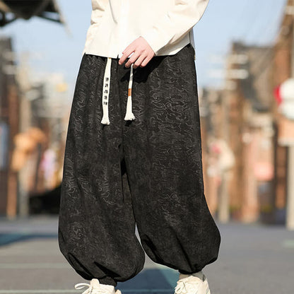 Buddha Stones Black Jacquard Drawstring Elastic Cuff Men's Harem Pants With Pockets