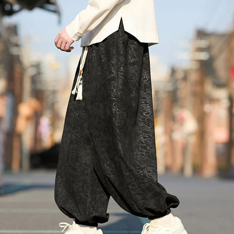 Buddha Stones Black Jacquard Drawstring Elastic Cuff Men's Harem Pants With Pockets
