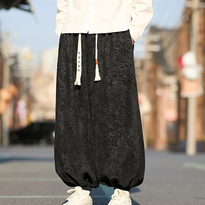 Buddha Stones Black Jacquard Drawstring Elastic Cuff Men's Harem Pants With Pockets