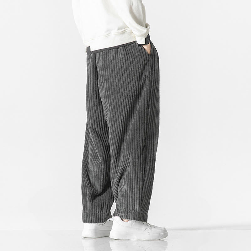 Buddha Stones Retro Winter Solid Color Men's Drawstring Corduroy Harem Pants With Pockets
