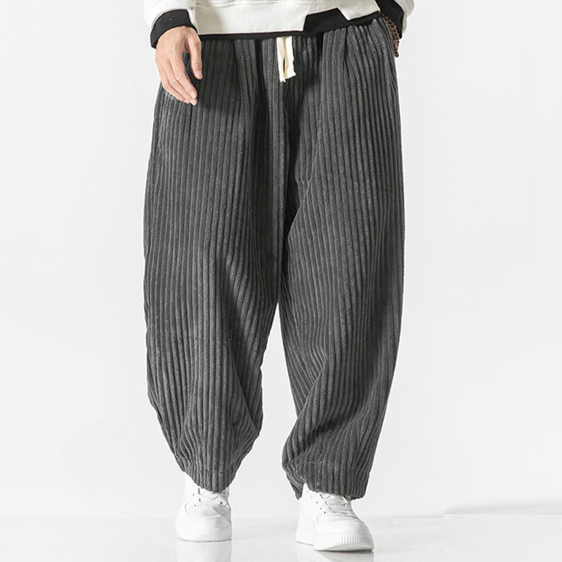 Buddha Stones Retro Winter Solid Color Men's Drawstring Corduroy Harem Pants With Pockets