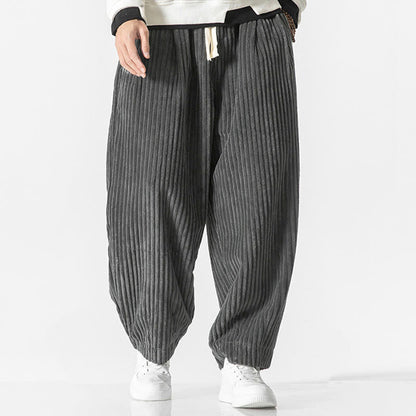 Buddha Stones Retro Winter Solid Color Men's Drawstring Corduroy Harem Pants With Pockets