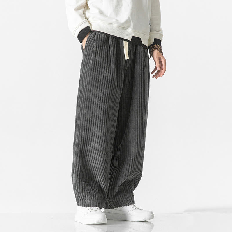 Buddha Stones Retro Winter Solid Color Men's Drawstring Corduroy Harem Pants With Pockets