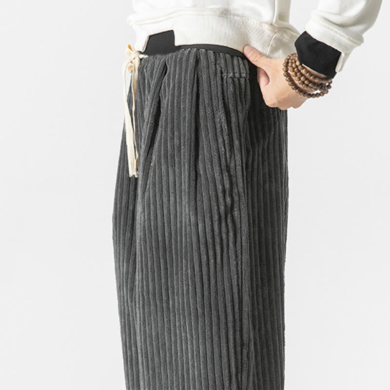 Buddha Stones Retro Winter Solid Color Men's Drawstring Corduroy Harem Pants With Pockets
