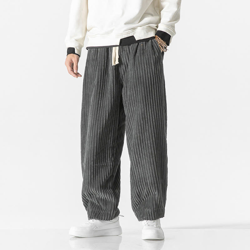 Buddha Stones Retro Winter Solid Color Men's Drawstring Corduroy Harem Pants With Pockets