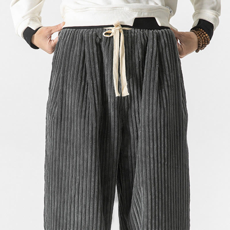 Buddha Stones Retro Winter Solid Color Men's Drawstring Corduroy Harem Pants With Pockets