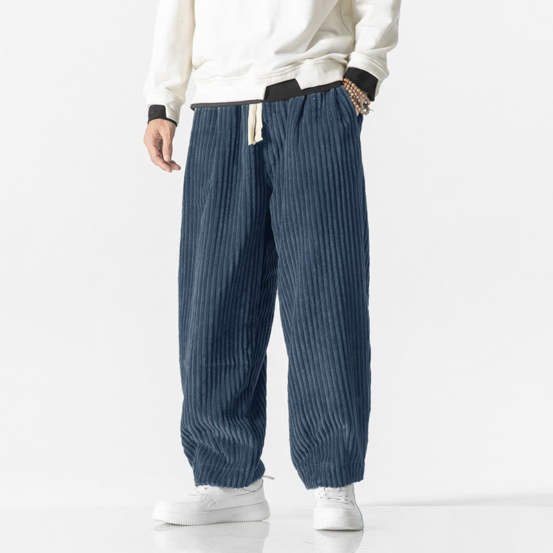 Buddha Stones Retro Winter Solid Color Men's Drawstring Corduroy Harem Pants With Pockets