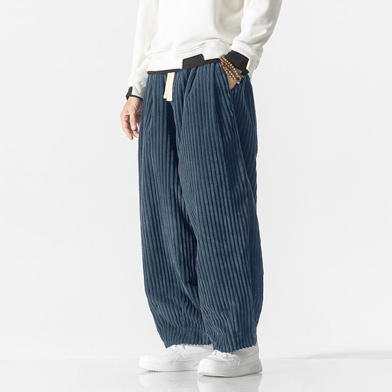 Buddha Stones Retro Winter Solid Color Men's Drawstring Corduroy Harem Pants With Pockets