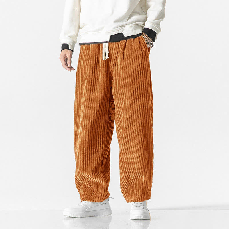 Buddha Stones Retro Winter Solid Color Men's Drawstring Corduroy Harem Pants With Pockets