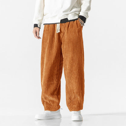 Buddha Stones Retro Winter Solid Color Men's Drawstring Corduroy Harem Pants With Pockets